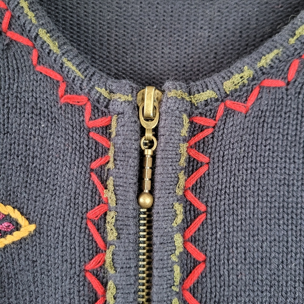 90s Boho Floral Embroidered Cardigan Navy Blue XL 12-14 - Picture 9 of 16